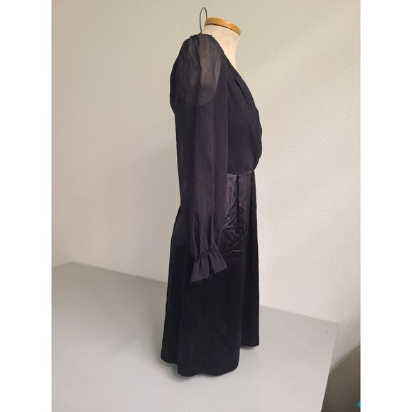 Vtg Betsey Johnson 100% Silk Y2K Black Long Sleeve Mini Dress Sz 4 V Neck Mesh S - Picture 4 of 9